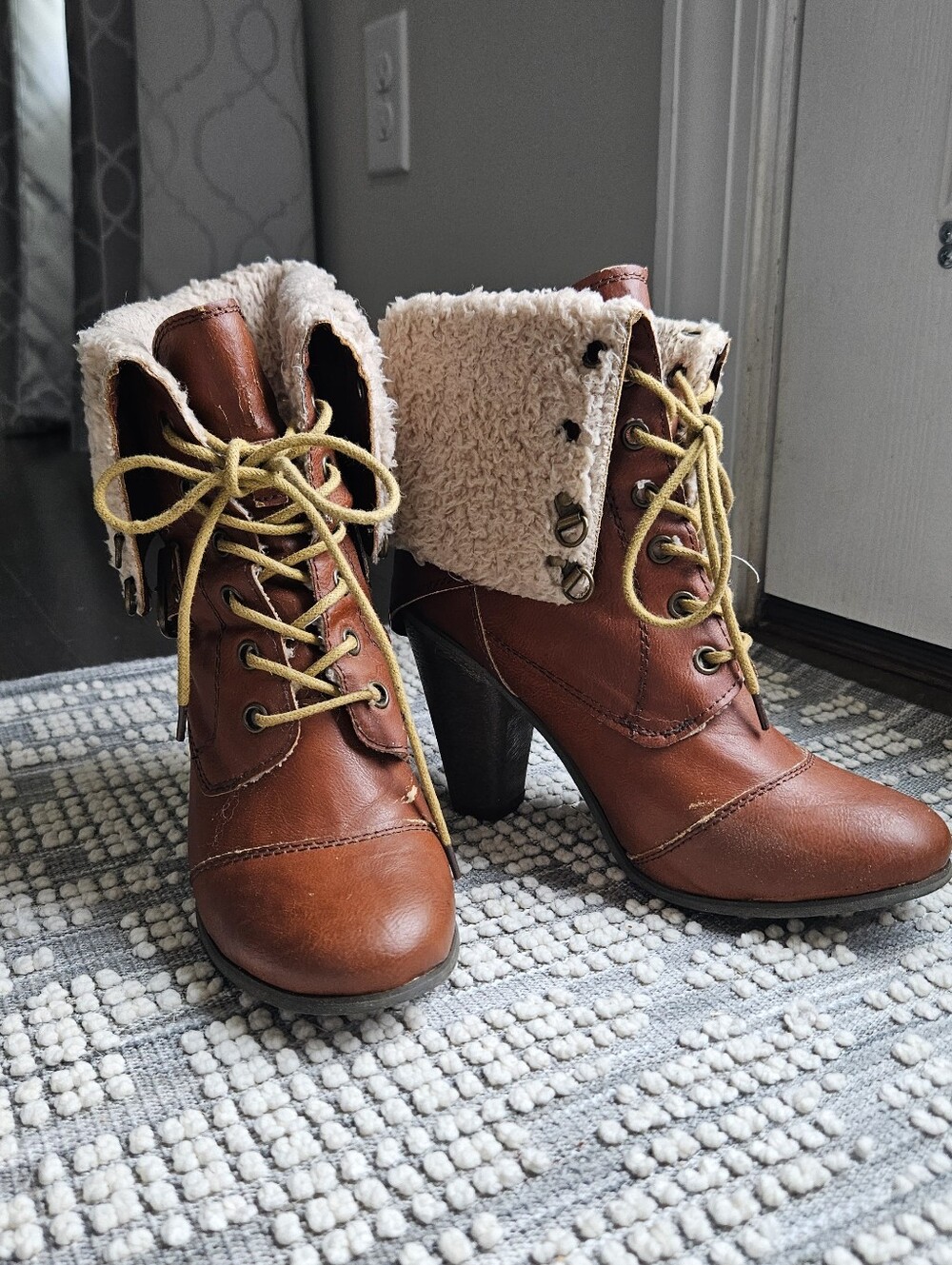 Nine West Brown Lace-Up Heel Boots with Cream Faux-Shearling Cuff